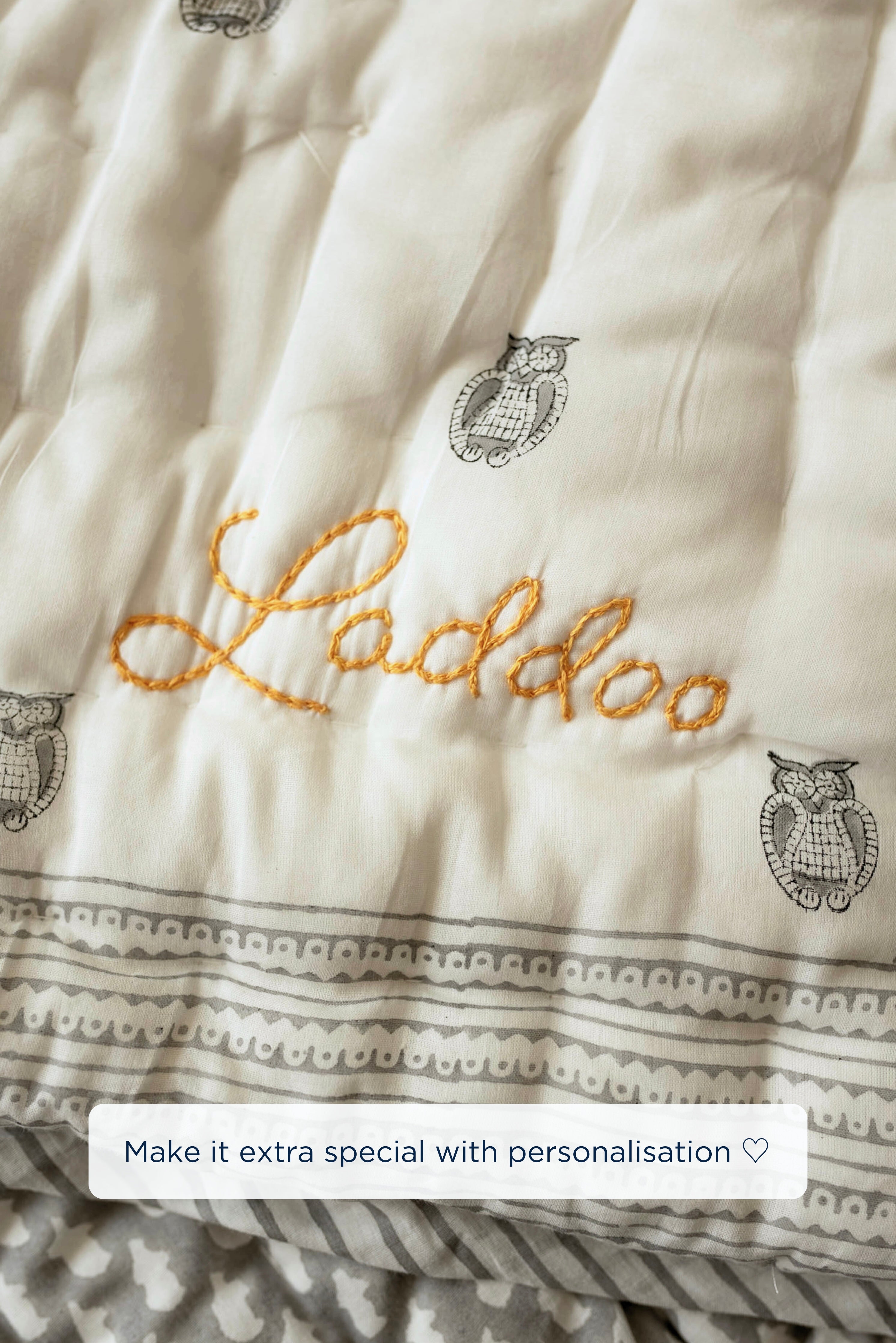 Owl Block Printed Baby Quilt