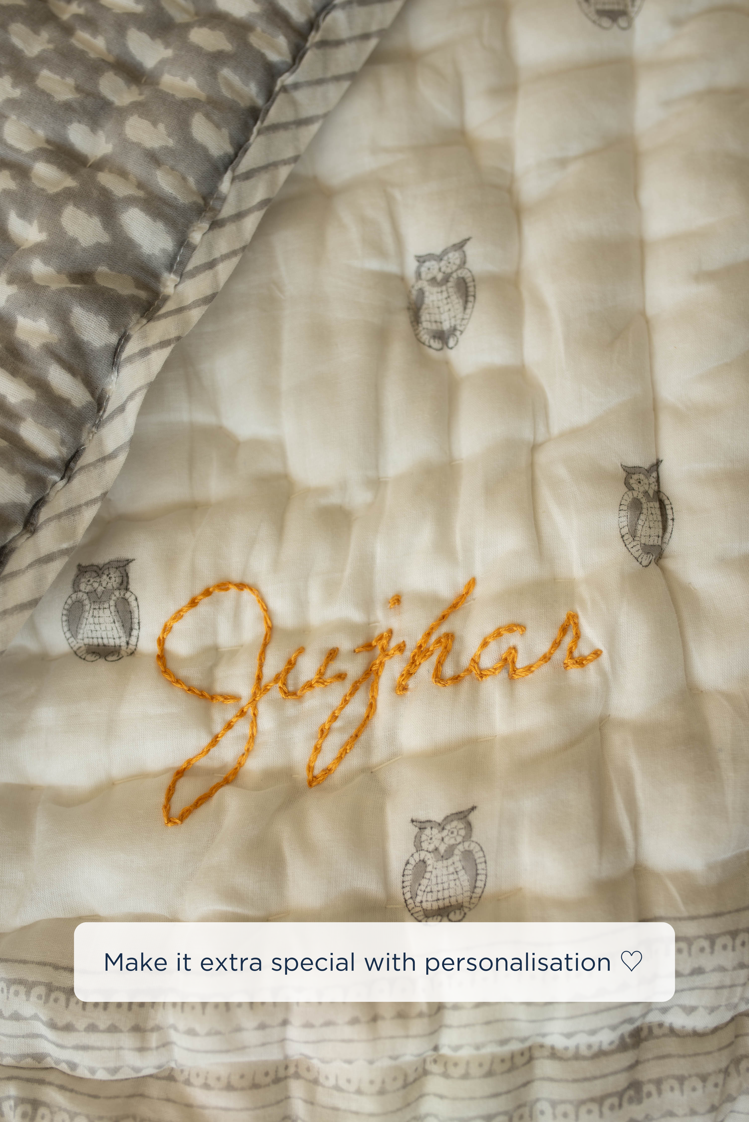 Owl Block Printed Baby Quilt