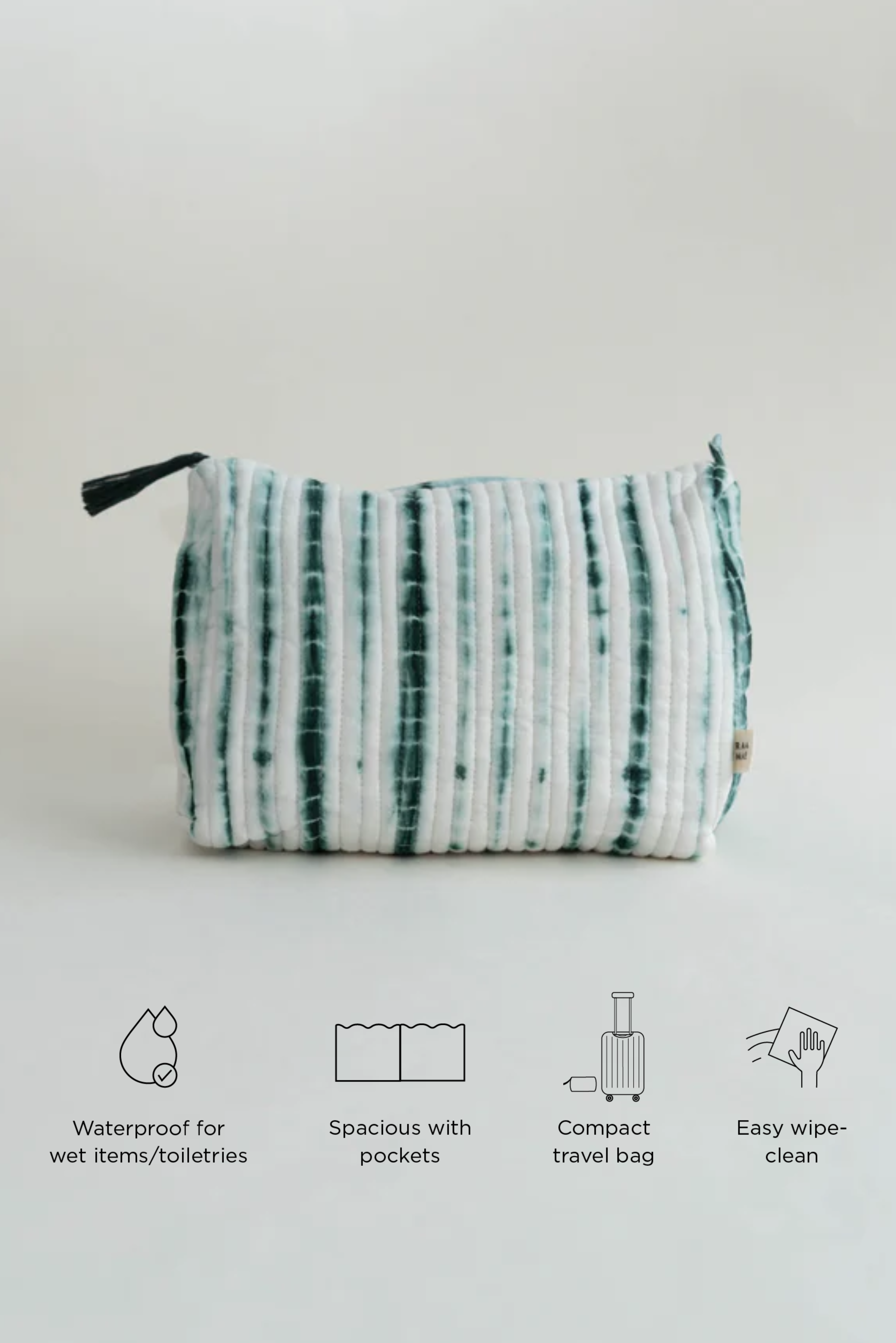 Shibori Quilted Wash/Toiletry Bag with Waterproof Lining - Green