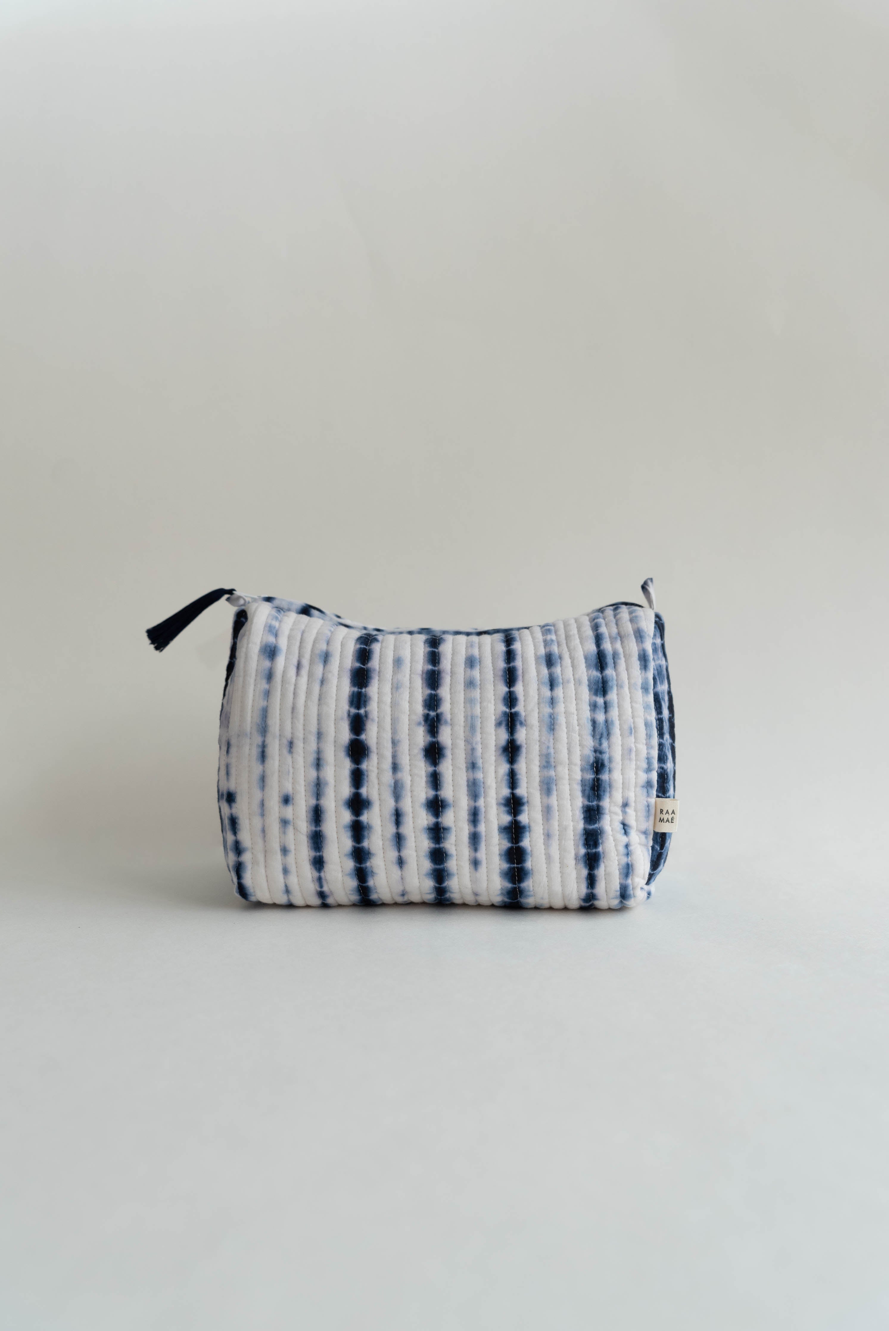Shibori Quilted Wash/Toiletry Bag with Waterproof Lining - Indigo