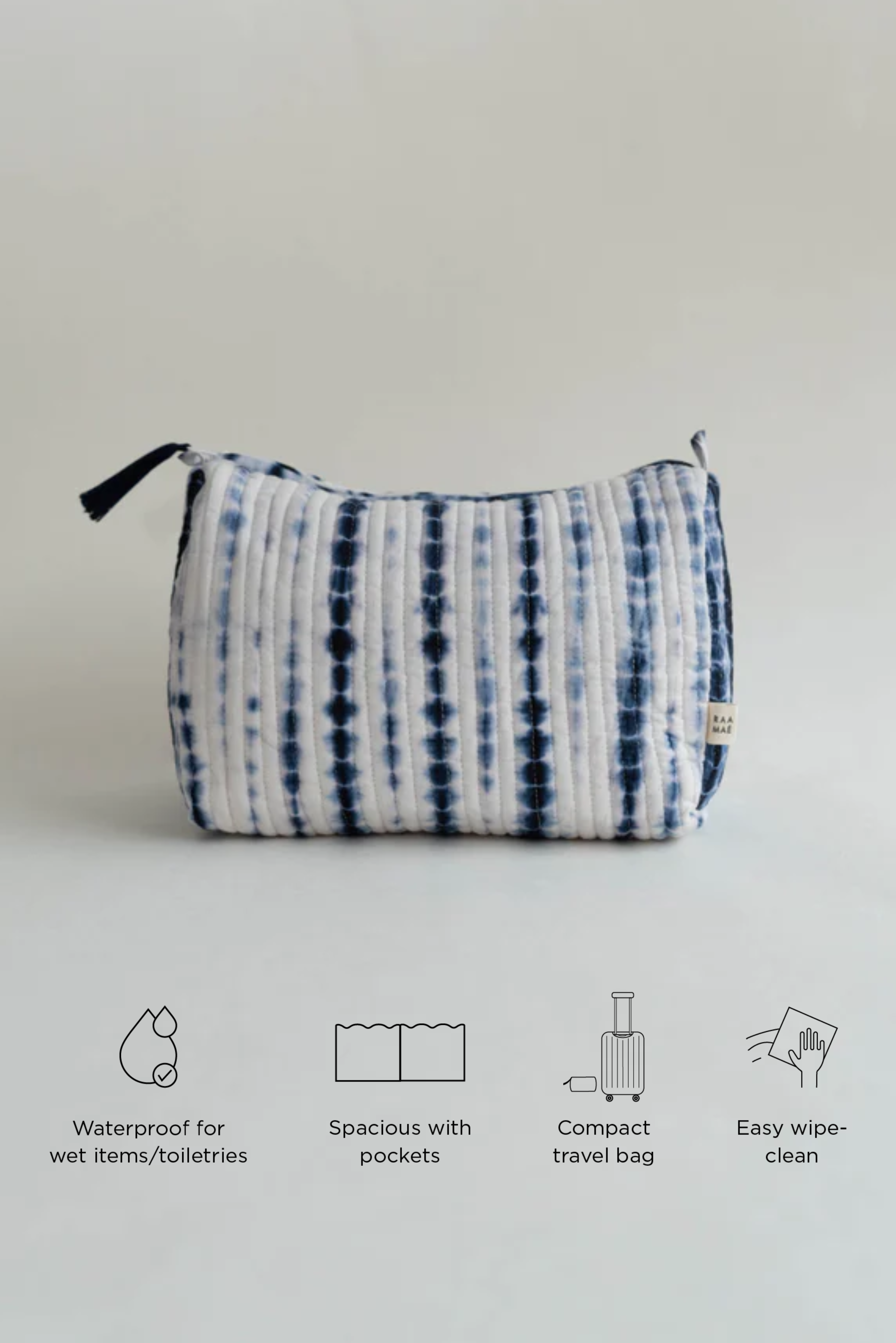 Shibori Quilted Wash/Toiletry Bag with Waterproof Lining - Indigo